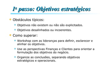 11oo
passo: Objetivos estratégicospasso: Objetivos estratégicos
 Obstáculos típicos:
 Objetivos não existem ou não são explicitados.
 Objetivos desalinhados ou incoerentes.
 Como superar:
 Workshop com as lideranças para definir, esclarecer e
alinhar os objetivos.
 Use as perspectivas Finanças e Clientes para orientar a
formulação dos objetivos do negócio.
 Organize as conclusões, separando objetivos
estratégicos e operacionais.
 