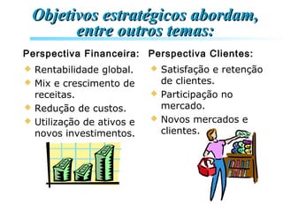 Objetivos estratégicos abordam,Objetivos estratégicos abordam,
entre outros temas:entre outros temas:
 Rentabilidade global.
 Mix e crescimento de
receitas.
 Redução de custos.
 Utilização de ativos e
novos investimentos.
 Satisfação e retenção
de clientes.
 Participação no
mercado.
 Novos mercados e
clientes.
Perspectiva Financeira: Perspectiva Clientes:
 