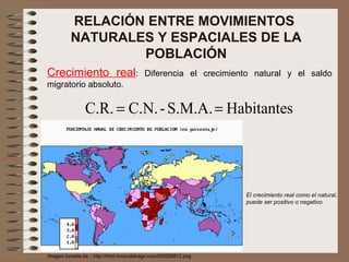 RELACIÓN ENTRE MOVIMIENTOS  NATURALES Y ESPACIALES DE LA POBLACIÓN Crecimiento real : Diferencia el crecimiento natural y el saldo migratorio absoluto. Imagen tomada de: : http://html.rincondelvago.com/000258812.png El crecimiento real como el natural,  puede ser positivo o negativo. 