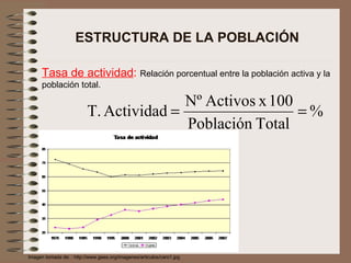 ESTRUCTURA DE LA POBLACIÓN Tasa de actividad :  Relación porcentual entre la población activa y la población total. Imagen tomada de: : http://www.gees.org/imagenes/articulos/caro1.jpg 