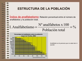 ESTRUCTURA DE LA POBLACIÓN Índice de analfabetismo : Relación porcentual entre el número de analfabetos y la población total. Analfabeto es la persona que no sabe leer ni escribir . 
