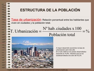 ESTRUCTURA DE LA POBLACIÓN Tasa de urbanización : Relación porcentual entre los habitantes que viven en ciudades y la población total. Imagen tomada de: : http://www.planetacurioso.com/wp-content/uploads/2007/04/ciudad-los-angeles.jpg A mayor desarrollo económico la tasa de urbanización será más alta. En el año 2005 en los países desarrollados ascendía al 74,9%, mientras que en los subdesarrollados era sólo del 43,2% 
