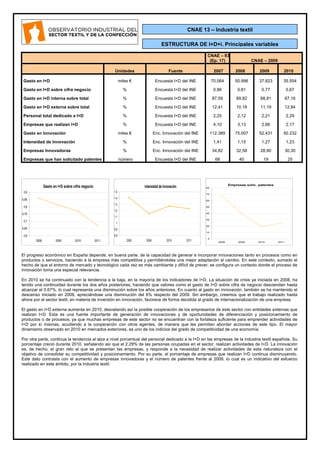 CNAE – 93
(Ep. 17) CNAE – 2009
Unidades Fuente 2007 2008 2009 2010
Gasto en I+D miles € Encuesta I+D del INE 70.064 50.996 37.823 35.554
Gasto en I+D sobre cifra negocio % Encuesta I+D del INE 0,86 0,81 0,77 0,67
Gasto en I+D interna sobre total % Encuesta I+D del INE 87,59 89,82 88,81 87,16
Gasto en I+D externa sobre total % Encuesta I+D del INE 12,41 10,18 11,19 12,84
Personal total dedicado a I+D % Encuesta I+D del INE 2,25 2,12 2,21 2,29
Empresas que realizan I+D % Encuesta I+D del INE 4,10 3,13 2,66 2,17
Gasto en Innovación miles € Enc. Innovación del INE 112.389 75.007 52.431 50.232
Intensidad de Innovación % Enc. Innovación del INE 1,41 1,15 1,27 1,23
Empresas Innovadoras % Enc. Innovación del INE 34,82 32,58 28,90 30,30
Empresas que han solicitado patentes número Encuesta I+D del INE 68 40 19 25
El progreso económico en España depende, en buena parte, de la capacidad de generar e incorporar innovaciones tanto en procesos como en
productos o servicios, haciendo a la empresa más competitiva y permitiéndoles una mejor adaptación al cambio. En este contexto, sumado el
hecho de que el entorno de mercado y tecnológico cada vez es más cambiante y difícil de prever, se configura un contexto donde el proceso de
innovación toma una especial relevancia.
En 2010 se ha continuado con la tendencia a la baja, en la mayoría de los indicadores de I+D. La situación de crisis ya iniciada en 2008, ha
tenido una continuidad durante los dos años posteriores, haciendo que valores como el gasto de I+D sobre cifra de negocio desciendan hasta
alcanzar el 0,67%, lo cual representa una disminución sobre los años anteriores. En cuanto al gasto en innovación, también se ha mantenido el
descenso iniciado en 2008, apreciándose una disminución del 6% respecto del 2009. Sin embargo, creemos que el trabajo realizado hasta
ahora por el sector textil, en materia de inversión en innovación, favorece de forma decidida al grado de internacionalización de una empresa.
El gasto en I+D externa aumenta en 2010, desvelando así la posible cooperación de los empresarios de este sector con entidades externas que
realizan I+D. Esta es una fuente importante de generación de innovaciones y de oportunidades de diferenciación y posicionamiento de
productos o de procesos, ya que muchas empresas de este sector no se encuentran con la fortaleza suficiente para emprender actividades de
I+D por sí mismas, acudiendo a la cooperación con otros agentes, de manera que les permitan abordar acciones de este tipo. El mayor
dinamismo observado en 2010 en mercados exteriores, es uno de los indicios del grado de competitividad de una economía.
Por otra parte, continua la tendencia al alza a nivel porcentual del personal dedicado a la I+D en las empresas de la industria textil española. Su
porcentaje creció durante 2010, señalando así que el 2,29% de las personas ocupadas en el sector, realizan actividades de I+D. La innovación
es, de hecho, el gran reto al que se presentan las empresas, y responde a la necesidad de realizar actividades de esta naturaleza con el
objetivo de consolidar su competitividad y posicionamiento. Por su parte, el porcentaje de empresas que realizan I+D continua disminuyendo.
Este dato contrasta con el aumento de empresas innovadoras y el número de patentes frente al 2009, lo cual es un indicativo del esfuerzo
realizado en este ámbito, por la industria textil.
Gasto en I+D sobre cifra negocio
0,6
0,65
0,7
0,75
0,8
0,85
0,9
2008 2009 2010 2011
Empresas solic. patentes
0
10
20
30
40
50
60
70
80
2008 2009 2010 2011
Intensidad de Innovación
0,8
0,9
1
1,1
1,2
1,3
1,4
1,5
2008 2009 2010 2011
ESTRUCTURA DE I+D+i. Principales variables
CNAE 13 – Industria textil
 