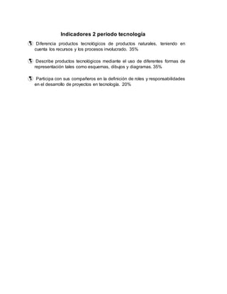 Indicadores 2 periodo tecnología
 Diferencia productos tecnológicos de productos naturales, teniendo en
cuenta los recursos y los procesos involucrado. 35%
 Describe productos tecnológicos mediante el uso de diferentes formas de
representación tales como esquemas, dibujos y diagramas. 35%
 Participa con sus compañeros en la definición de roles y responsabilidades
en el desarrollo de proyectos en tecnología. 20%
 