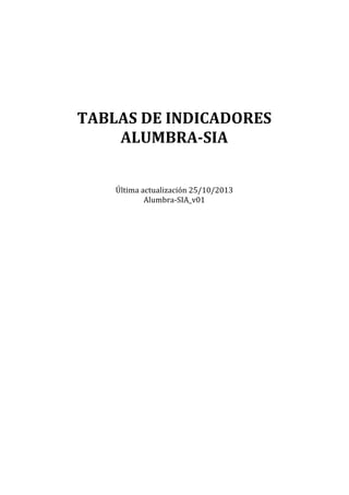  
	
  
	
  
	
  
	
  
	
  
	
  
	
  
TABLAS	
  DE	
  INDICADORES	
  
ALUMBRA-­‐SIA	
  
	
  
	
  
Última	
  actualización	
  25/10/2013	
  
Alumbra-­‐SIA_v01	
  
 