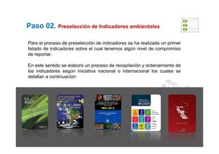 Paso 02. Preselección de Indicadores ambientales
Para el proceso de preselección de indicadores se ha realizado un primer
listado de indicadores sobre el cual tenemos algún nivel de compromiso
de reportar.
En este sentido se elaboró un proceso de recopilación y ordenamiento de
los indicadores según iniciativa nacional o internacional los cuales se
detallan a continuación:
detallan a continuación:
 
