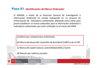 El MINAM, a través de la Dirección General de Investigación e
Información Ambiental ha venido trabajando en un proceso de
armonización de indicadores ambientales, debiendo como como paso
previo establecer un marco ordenador para la información ambiental e
indicadores ambientales que serán utilizados en el marco del SINIA
Paso 01. Identificación del Marco Ordenador
(a) Marco por componentes ambientales
(b) Marco del desarrollo sostenible de Brundland (1987) y de la CDS
(c) Marco del capital natural, sostenibilidad débil y fuerte
(d) Marcos por cadenas causales
 