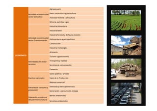 ECONÓMICO
Actividad económica del
sector extractivo
Agropecuario
Pesca, acuicultura y piscicultura
Actividad forestal y silvicultura
Minería, petróleo y gas
Actividad económica del
sector Transformación
Industria Alimentaria
Industria textil
Industria forestal y de fauna silvestre
Hidrocarburos y petroquímica
Construcción
Industria metalúrgica
Artesanía
Turismo y gastronomía
ECONÓMICO
Actividades del sector
servicios
Turismo y gastronomía
Transporte y vialidad
Servicios de comunicación
Comercio
Cuentas nacionales
Gasto público y privado
Valor de la Producción
Balanza comercial
Patrones de consumo y
producción
Demanda y oferta alimentaria
Generación y consumo de energía
Valoración económica
del patrimonio natural
Bienes ambientales
Servicios ambientales
 