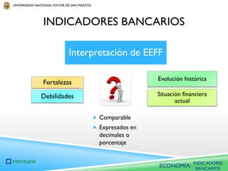 UNIVERSIDAD NACIONAL MAYOR DE SAN MARCOS

INDICADORES BANCARIOS
Interpretación de EEFF
Fortalezas

Evolución histórica

Debilidades

Situación financiera
actual
 Comparable
 Expresados en

decimales o
porcentaje

ECONOMÍA:

INDICADORES
BANCARIOS

 