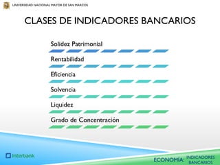 UNIVERSIDAD NACIONAL MAYOR DE SAN MARCOS

CLASES DE INDICADORES BANCARIOS
Solidez Patrimonial
Rentabilidad
Eficiencia
Solvencia

Liquidez
Grado de Concentración

ECONOMÍA:

INDICADORES
BANCARIOS

 