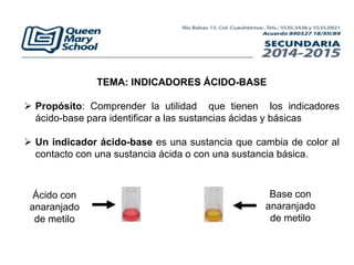 TEMA: INDICADORES ÁCIDO-BASE
 Propósito: Comprender la utilidad que tienen los indicadores
ácido-base para identificar a ...