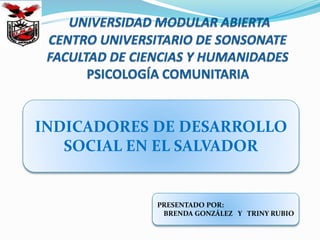 INDICADORES DE DESARROLLO
SOCIAL EN EL SALVADOR
PRESENTADO POR:
BRENDA GONZÁLEZ Y TRINY RUBIO
 