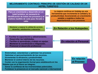 MEJORAMIENTO CONTINUO: PRINCIPIO DE GESTIÓN DE CALIDAD EN UN
HOTEL TURISTICO
La mejora continua en hoteles es una
herramienta que incrementa la Calidad y la
productividad, favoreciendo un crecimiento
estable y engloba a todos los
departamentos y sus procesos.
Para un crecimiento y desarrollo en un
hotel turístico, es necesaria la
identificación de todos los procesos y el
análisis medible de cada paso llevado a
cabo
Mantener y mejorar la calidad de servicio:
Atraerlos, satisfacerlos y retenerlos En Relación a los Huéspedes
 Facilitar la capacitación y adiestramiento.
 Desarrollar las habilidades.
 Facilitar el aprendizaje y trabajo en equipo.
 Mantener la coordinación e integración.
 Promover el desarrollo profesional
En relación al Personal
· Sistematizar, estandarizar y optimizar los procesos
· Optimizar el aprovechamiento de los recursos.
· Incrementar la eficiencia y productividad.
· Mantener el control interno de los recursos.
· Contar con la organización formal para establecerla en los
Hoteles que en el futuro se integren.
· Ganar la confianza de los inversionistas potenciales.
· Fortalecer la presencia en el mercado nacional e internacional.
En relación
al Proceso
 