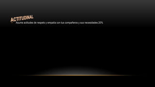 • Asume actitudes de respeto y empatía con tus compañeros y sus necesidades 20%
 