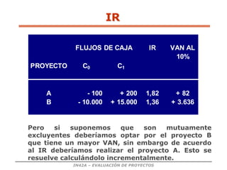 IN42A – EVALUACIÓN DE PROYECTOS
IR
FLUJOS DE CAJA IR VAN AL
10%
PROYECTO C0 C1
A - 100 + 200 1,82 + 82
B - 10.000 + 15.000 1,36 + 3.636
Pero si suponemos que son mutuamente
excluyentes deberíamos optar por el proyecto B
que tiene un mayor VAN, sin embargo de acuerdo
al IR deberíamos realizar el proyecto A. Esto se
resuelve calculándolo incrementalmente.
 