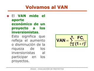 IN42A – EVALUACIÓN DE PROYECTOS
Volvamos al VAN
 El VAN mide el
aporte
económico de un
proyecto a los
inversionistas.
Esto significa que
refleja el aumento
o disminución de la
riqueza de los
inversionistas al
participar en los
proyectos.

 

N
0
i
i
i
)
(1
FC
VAN
r
 