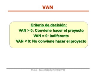 IN42A – EVALUACIÓN DE PROYECTOS
VAN
Criterio de decisión:
VAN > 0: Conviene hacer el proyecto
VAN = 0: Indiferente
VAN < 0: No conviene hacer el proyecto
 