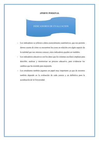 APORTE PERSONAL
- Los indicadores se refieren a datos esencialmente cuantitativos, que nos permite
darnos cuenta de cómo se encuentran las cosas en relación con algún aspecto de
la realidad que nos interese conocer, estos indicadores pueden ser medidos.
- Los indicadores educativos son los datos que los sistemas escolares emplean para
describir, analizar y monitorizar un proceso educativo, para evidenciar los
cambios que ha existido para mejorarla.
- Los estudiantes también jugamos un papel muy importante ya que de nosotros
también depende en la evaluación de cada carrera y en definitiva para la
acreditación de la Universidad.
INDICADORES DE EVALUACION
 