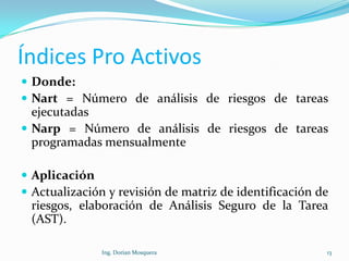 Índices Pro Activos
 Donde:
 Nart = Número de análisis de riesgos de tareas
ejecutadas
 Narp = Número de análisis de riesgos de tareas
programadas mensualmente
 Aplicación
 Actualización y revisión de matriz de identificación de
riesgos, elaboración de Análisis Seguro de la Tarea
(AST).
13Ing. Dorian Mosquera
 