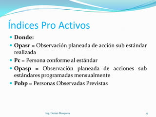 Índices Pro Activos
 Donde:
 Opasr = Observación planeada de acción sub estándar
realizada
 Pc = Persona conforme al estándar
 Opasp = Observación planeada de acciones sub
estándares programadas mensualmente
 Pobp = Personas Observadas Previstas
15Ing. Dorian Mosquera
 