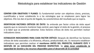 CONTAR CON OBJETIVOS Y PLANES: Es fundamental contar con objetivos claros, precisos,
cuantificados y tener establecida la o las estrategias que se emplearan para lograr los
objetivos. Ello nos dan el punto de llegada, las características del resultado que se espera.
IDENTIFICAR FACTORES CRÍTICOS DE ÉXITO: Se entiende por factor critico de éxito aquel
aspecto que es necesario mantener bajo control, para lograr el éxito de la gestión, el proceso
o la labor que se pretende adelantar. Estos factores críticos de éxito nos permiten realizar
indicadores claros.
ESTABLECER INDICADORES PARA CADA FACTOR CRÍTICO: Después de identificar los factores
críticos de éxito asociados a la eficiencia, eficacia, productividad, etc. Es necesario establecer
indicadores que permitan realizar el monitoreo ANTES DEL PROYECTO, DURANTE ÉSTE Y
DESPUÉS DE LA EJECUCIÓN DEL PROCESO RESPECTIVO. Se debe tener establecido la
capacidad de Gestión y los recursos disponibles para el desarrollo de la actividad.
Metodología para establecer los indicadores de Gestión
 