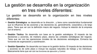 La gestión se desarrolla en la organización en tres niveles
diferentes:
La gestión se desarrolla en la organización
en tres niveles diferentes:
 Gestión Estratégica: se desarrolla en la dirección , y tiene como característica fundamental
que la influencia de las acciones y las decisiones es, generalmente, corporativa y de largo
plazo. Tiene que ver con la definición macro del negocio. Incluye la relación de la empresa
con el entorno.
 Gestión Táctica: Se desarrolla con base en la gestión estratégica. El impacto de las
decisiones y acciones, de mediano plazo, abarca las unidades estratégicas del negocio.
Tiene que ver con las operaciones iniciales de las decisiones estratégicas. Enmarca las
funciones de organización y coordinación.
 Gestión Operativa: Se desarrolla con base en la gestión táctica. El impacto de las decisiones
y acciones es de corto plazo e incluye los equipos naturales de trabajo y los individuos.
Básicamente tiene que ver con las funciones de ejecución y Control.
 