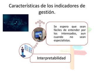 Características de los indicadores de
gestión.
Interpretabilidad
Se espera que sean
fáciles de entender por
los interesados, aun
cuando no sean
especialistas.
 