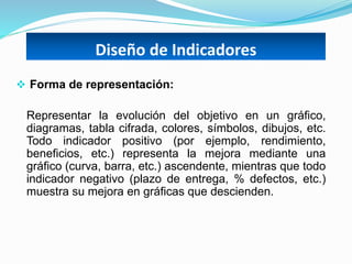 Diseño de Indicadores
 Forma de representación:
Representar la evolución del objetivo en un gráfico,
diagramas, tabla cifrada, colores, símbolos, dibujos, etc.
Todo indicador positivo (por ejemplo, rendimiento,
beneficios, etc.) representa la mejora mediante una
gráfico (curva, barra, etc.) ascendente, mientras que todo
indicador negativo (plazo de entrega, % defectos, etc.)
muestra su mejora en gráficas que descienden.
 