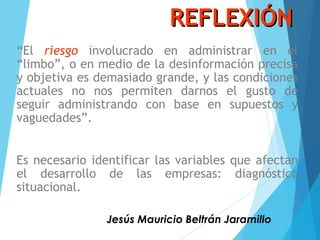 REFLEXIÓNREFLEXIÓN
“El riesgo involucrado en administrar en el
“limbo”, o en medio de la desinformación precisa
y objetiva es demasiado grande, y las condiciones
actuales no nos permiten darnos el gusto de
seguir administrando con base en supuestos y
vaguedades”.
Es necesario identificar las variables que afectan
el desarrollo de las empresas: diagnóstico
situacional.
Jesús Mauricio Beltrán Jaramillo
 