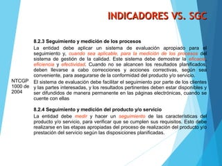 INDICADORES VS. SGCINDICADORES VS. SGC
NTCGP
1000 de
2004
8.2.3 Seguimiento y medición de los procesos
La entidad debe aplicar un sistema de evaluación apropiado para el
seguimiento y, cuando sea aplicable, para la medición de los procesos del
sistema de gestión de la calidad. Este sistema debe demostrar la eficacia,
eficiencia y efectividad. Cuando no se alcancen los resultados planificados,
deben llevarse a cabo correcciones y acciones correctivas, según sea
conveniente, para asegurarse de la conformidad del producto y/o servicio.
El sistema de evaluación debe facilitar el seguimiento por parte de los clientes
y las partes interesadas, y los resultados pertinentes deben estar disponibles y
ser difundidos de manera permanente en las páginas electrónicas, cuando se
cuente con ellas
8.2.4 Seguimiento y medición del producto y/o servicio
La entidad debe medir y hacer un seguimiento de las características del
producto y/o servicio, para verificar que se cumplen sus requisitos. Esto debe
realizarse en las etapas apropiadas del proceso de realización del producto y/o
prestación del servicio según las disposiciones planificadas.
 