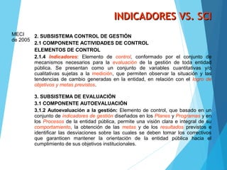 INDICADORES VS. SCIINDICADORES VS. SCI
MECI
de 2005
2. SUBSISTEMA CONTROL DE GESTIÓN
2.1 COMPONENTE ACTIVIDADES DE CONTROL
ELEMENTOS DE CONTROL
2.1.4 Indicadores: Elemento de control, conformado por el conjunto de
mecanismos necesarios para la evaluación de la gestión de toda entidad
pública. Se presentan como un conjunto de variables cuantitativas y/o
cualitativas sujetas a la medición, que permiten observar la situación y las
tendencias de cambio generadas en la entidad, en relación con el logro de
objetivos y metas previstos.
3. SUBSISTEMA DE EVALUACIÓN
3.1 COMPONENTE AUTOEVALUACIÓN
3.1.2 Autoevaluación a la gestión: Elemento de control, que basado en un
conjunto de indicadores de gestión diseñados en los Planes y Programas y en
los Procesos de la entidad pública, permite una visión clara e integral de su
comportamiento, la obtención de las metas y de los resultados previstos e
identificar las desviaciones sobre las cuales se deben tomar los correctivos
que garanticen mantener la orientación de la entidad pública hacia el
cumplimiento de sus objetivos institucionales.
 