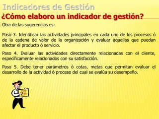 Para evaluar la capacidad de la organización en ofrecer un producto ó servicio de calidad.Indicadores de Gestión¿Qué se espera de un indicador de Gestión?Que se convierta en un sistema de alertas tempranas “Pre-alarmas”