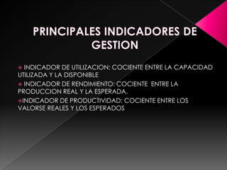 PRINCIPALES INDICADORES DE GESTION INDICADOR DE UTILIZACION: COCIENTE ENTRE LA CAPACIDAD UTILIZADA Y LA DISPONIBLE