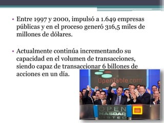 • Entre 1997 y 2000, impulsó a 1.649 empresas
públicas y en el proceso generó 316,5 miles de
millones de dólares.
• Actualmente continúa incrementando su
capacidad en el volumen de transacciones,
siendo capaz de transaccionar 6 billones de
acciones en un día.
 