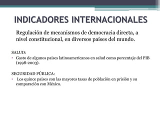 INDICADORES INTERNACIONALES
Regulación de mecanismos de democracia directa, a
nivel constitucional, en diversos países del mundo.
SALUD:
• Gasto de algunos países latinoamericanos en salud como porcentaje del PIB
(1998-2003).
SEGURIDAD PÚBLICA:
• Los quince países con las mayores tasas de población en prisión y su
comparación con México.
 