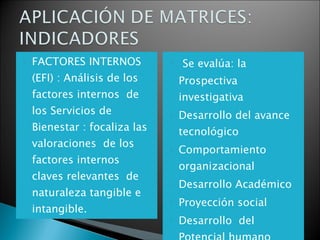 FACTORES INTERNOS  (EFI) : Análisis de los factores internos  de los Servicios de Bienestar : focaliza las valoraciones  de los factores internos claves relevantes  de naturaleza tangible e intangible. Se evalúa: la Prospectiva  investigativa  Desarrollo del avance  tecnológico  Comportamiento organizacional  Desarrollo Académico Proyección social  Desarrollo  del Potencial humano  