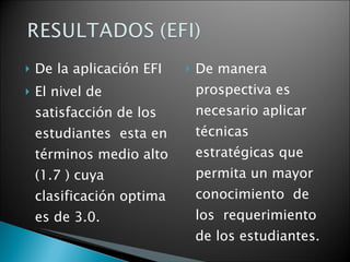De la aplicación EFI  El nivel de satisfacción de los estudiantes  esta en términos medio alto (1.7 ) cuya clasificación optima es de 3.0. De manera prospectiva es necesario aplicar  técnicas estratégicas que permita un mayor conocimiento  de  los  requerimiento de los estudiantes. 