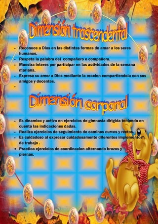 Reconoce a Dios en las distintas formas de amar a los seres
humanos.
Respeta la palabra del compañero o compañera.
Muestra interes por participar en las actividades de la semana
mariana.
Expresa su amor a Dios mediante la oracion compartiendola con sus
amigos y docentes.




Es dinamico y activo en ejercicios de gimnasia dirigida teniendo en
cuenta las indicaciones dadas.
Realiza ejercicios de seguimiento de caminos curvos y rectos.
Es cuidadoso al expresar cuidadosamente diferentes implementos
de trabajo .
Practica ejercicios de coordinacion alternando brazos y
piernas.
 