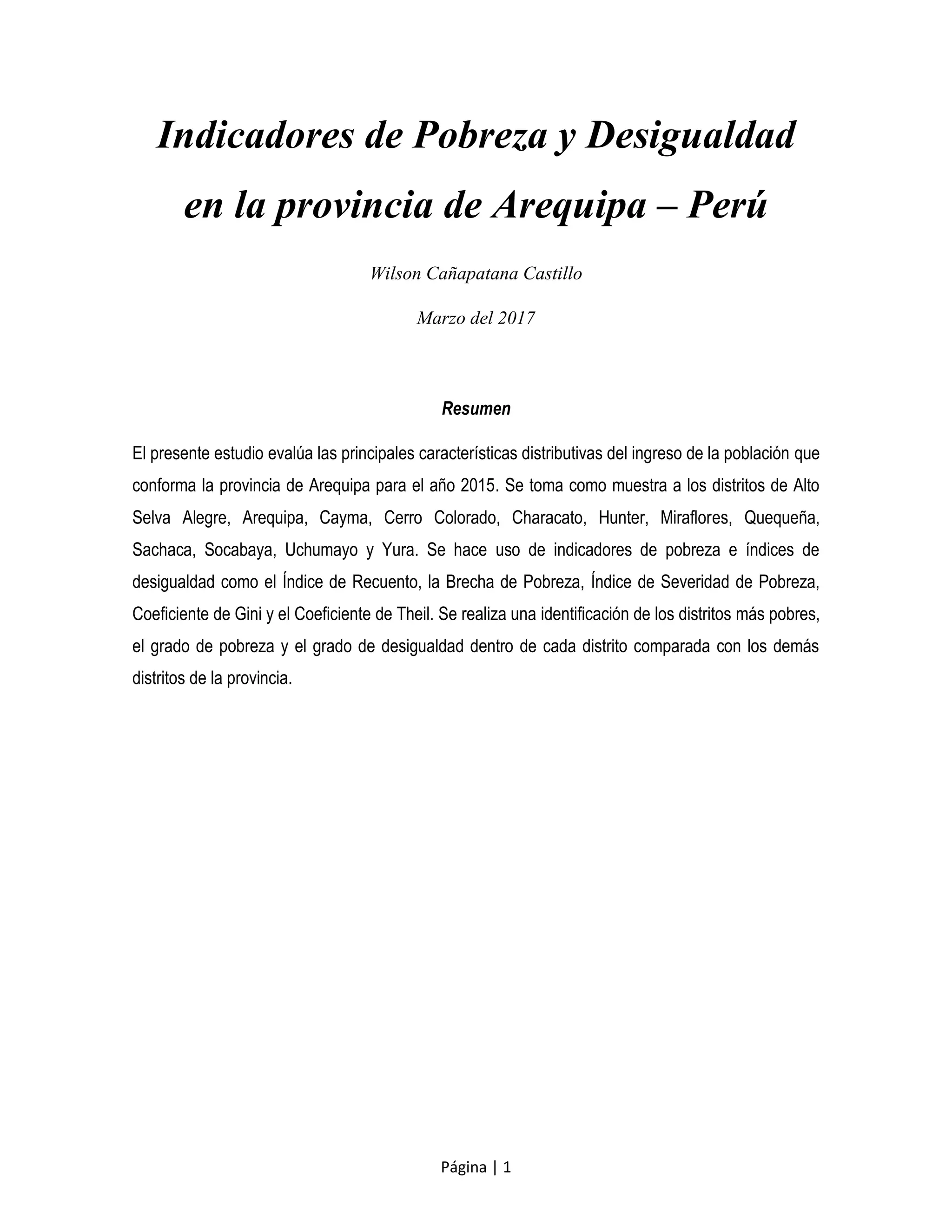 Indicadores de pobreza y desigualdad en la provincia de arequipa perú | PDF
