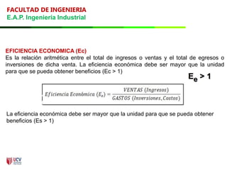 FACULTAD DE INGENIERIA
E.A.P. Ingeniería Industrial
EFICIENCIA ECONOMICA (Ec)
Es la relación aritmética entre el total de ingresos o ventas y el total de egresos o
inversiones de dicha venta. La eficiencia económica debe ser mayor que la unidad
para que se pueda obtener beneficios (Ec > 1)
La eficiencia económica debe ser mayor que la unidad para que se pueda obtener
beneficios (Es > 1)
 