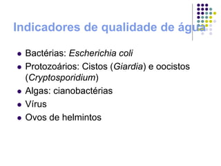 Indicadores de qualidade de água
 Bactérias: Escherichia coli
 Protozoários: Cistos (Giardia) e oocistos
(Cryptosporidium)
 Algas: cianobactérias
 Vírus
 Ovos de helmintos
 