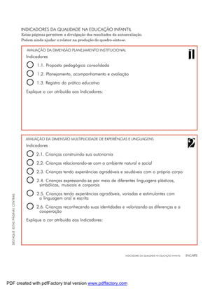 INDICADORES DA QUALIDADE NA EDUCAÇÃO INFANTIL
                                    Estas páginas permitem a divulgação dos resultados da autoavaliação.
                                    Podem ainda ajudar o relator na produção do quadro-síntese.

                                       AVALIAÇÃO DA DIMENSÃO PLANEJAMENTO INSTITUCIONAL
                                      Indicadores

                                      O     1.1. Proposta pedagógica consolidada

                                      O     1.2. Planejamento, acompanhamento e avaliação

                                      O     1.3. Registro da prática educativa

                                      Explique a cor atribuída aos Indicadores:




                                      AVALIAÇÃO DA DIMENSÃO MULTIPLICIDADE DE EXPERIÊNCIAS E LINGUAGENS
                                      Indicadores

                                      O 2.1. Crianças construindo sua autonomia
                                      O 2.2. Crianças relacionando-se com o ambiente natural e social
                                      O 2.3. Crianças tendo experiências agradáveis e saudáveis com o próprio corpo
                                      O 2.4. Criançasmusicais e corporais meio de diferentes linguagens plásticas,
                                         simbólicas,
                                                       expressando-se por


                                      O 2.5.linguagem tendoe experiências agradáveis, variadas e estimulantes com
                                              Crianças
  DESTAQUE ESTAS PÁGINAS CENTRAIS




                                         a             oral escrita

                                      O 2.6. Crianças reconhecendo suas identidades e valorizando as diferenças e a
                                         cooperação

                                      Explique a cor atribuída aos Indicadores:




                                                                                              INDICADORES DA QUALIDADE NA EDUCAÇÃO INFANTIL   ENCARTE




PDF created with pdfFactory trial version www.pdffactory.com
 