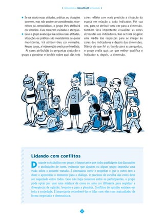 INDICADORES DA QUALIDADE NA EDUCAÇÃO




  Se na escola essas atitudes, práticas ou situações        cores reflete com mais precisão a situação da
  ocorrem, mas não podem ser consideradas recor-            escola em relação a cada indicador. Por sua
  rentes ou consolidadas, o grupo lhes atribuirá            vez, para se atribuir uma cor para a dimensão,
  cor amarela. Elas merecem cuidado e atenção.              também será importante visualizar as cores
  Caso o grupo avalie que na escola essas atitudes,         atribuídas aos indicadores. Não se trata de gerar
  situações ou práticas são inexistentes ou quase           uma média das respostas para se chegar às
  inexistentes, irá atribuir-lhes cor vermelha.             cores dos indicadores e depois das dimensões.
  Nesses casos, a intervenção precisa ser imediata.         Diante do que foi atribuído para as perguntas,
   As cores atribuídas às perguntas ajudarão o              o grupo avalia qual cor que melhor qualifica o
grupo a ponderar e decidir sobre qual das três              indicador e, depois, a dimensão.




        Lidando com conflitos

        D
              urante os trabalhos em grupo, é importante que todos participem das discussões
              e atribuições de cores, evitando que alguém ou algum grupo imponha uma
        visão sobre o assunto tratado. É necessário ouvir e respeitar o que o outro tem a
        dizer e aproveitar o momento para o diálogo. O processo de escolha das cores deve
        ser negociado entre todos. Caso não haja consenso entre os participantes, o grupo
        pode optar por usar uma mistura de cores ou uma cor diferente para registrar a
        divergência de opinião, levando-a para a plenária. Conflitos de opinião existem em
        toda a sociedade. É importante reconhecê-los e lidar com eles com maturidade, de
        forma negociada e democrática.




                                                       12
 