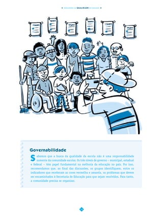 INDICADORES DA QUALIDADE NA EDUCAÇÃO




Governabilidade

S
     abemos que a busca da qualidade da escola não é uma responsabilidade
     somente da comunidade escolar. Os três níveis de governo – municipal, estadual
e federal – têm papel fundamental na melhoria da educação no país. Por isso,
recomendamos que, ao final das discussões, os grupos identifiquem, entre os
indicadores que receberam as cores vermelha e amarela, os problemas que devem
ser encaminhados à Secretaria de Educação para que sejam resolvidos. Para tanto,
a comunidade precisa se organizar.




                                          14
 