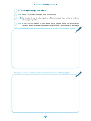 INDICADORES DA QUALIDADE NA EDUCAÇÃO




       6. Prática pedagógica inclusiva

       6.1. Alunos com deficiência recebem apoio individualizado?

       6.2. No dia-a-dia da sala de aula, respeita-se o fato de que cada aluno precisa de um tempo
            diferente para aprender?

       6.3. A escola cuida para que todos os alunos (negros, brancos, indígenas, pessoas com deficiência, ricos
            ou pobres, homens ou mulheres, homossexuais ou não) recebam a mesma atenção na sala de aula?
Explicar resumidamente as razões da cor atribuída pelo grupo ao indicador Prática pedagógica inclusiva.




Idéias para solucionar os principais problemas detectados na dimensão Prática pedagógica.




                                                    26
 