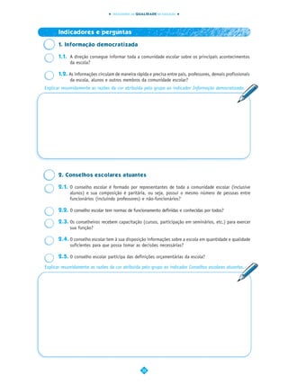 INDICADORES DA QUALIDADE NA EDUCAÇÃO




       Indicadores e perguntas

       1. Informação democratizada

       1.1. A direção consegue informar toda a comunidade escolar sobre os principais acontecimentos
            da escola?

       1.2. As informações circulam de maneira rápida e precisa entre pais, professores, demais profissionais
            da escola, alunos e outros membros da comunidade escolar?
Explicar resumidamente as razões da cor atribuída pelo grupo ao indicador Informação democratizada.




       2. Conselhos escolares atuantes

       2.1. O conselho escolar é formado por representantes de toda a comunidade escolar (inclusive
            alunos) e sua composição é paritária, ou seja, possui o mesmo número de pessoas entre
            funcionários (incluindo professores) e não-funcionários?

       2.2. O conselho escolar tem normas de funcionamento definidas e conhecidas por todos?

       2.3. Os conselheiros recebem capacitação (cursos, participação em seminários, etc.) para exercer
            sua função?

       2.4. O conselho escolar tem à sua disposição informações sobre a escola em quantidade e qualidade
            suficientes para que possa tomar as decisões necessárias?

       2.5. O conselho escolar participa das definições orçamentárias da escola?

Explicar resumidamente as razões da cor atribuída pelo grupo ao indicador Conselhos escolares atuantes.




                                                    32
 