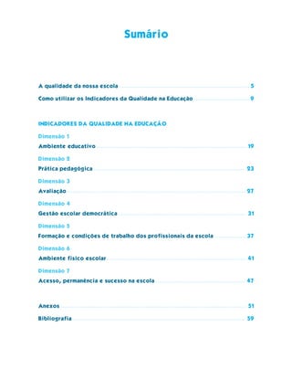 Sumário




A qualidade da nossa escola                                     5

Como utilizar os Indicadores da Qualidade na Educação           9




INDICADORES DA QUALIDADE NA EDUCAÇÃO

Dimensão 1
Ambiente educativo                                             19

Dimensão 2

Prática pedagógica                                             23

Dimensão 3

Avaliação                                                      27

Dimensão 4
Gestão escolar democrática                                     31

Dimensão 5

Formação e condições de trabalho dos profissionais da escola   37

Dimensão 6
Ambiente físico escolar                                        41

Dimensão 7

Acesso, permanência e sucesso na escola                        47




Anexos                                                         51

Bibliografia                                                   59




                                    3
 