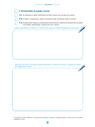 INDICADORES DA QUALIDADE NA EDUCAÇÃO




              5. Estabilidade da equipe escolar

              5.1. Os professores e demais profissionais da escola contam com um plano de carreira?

              5.2. O diretor, os professores e demais funcionários estão há bastante tempo na escola9 ?

              5.3. Os dados sobre mudanças e substituições de profissionais a cada ano ou semestre são calculados
                   e discutidos coletivamente, inclusive por pais e alunos?

     Explicar resumidamente as razões da cor atribuída pelo grupo ao indicador Estabilidade da equipe escolar.




     Idéias para solucionar os principais problemas detectados na dimensão Formação e condições de trabalho
     dos profissionais da escola.




9
    A ocorrência de muitas substituições na equipe escolar (professores, funcionários, diretores) prejudica o desenvolvimento da proposta
    pedagógica da escola.

                                                                   40
 