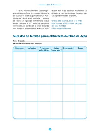 INDICADORES DA QUALIDADE NA EDUCAÇÃO




    Se a escola não possuir Unidade Executora pró-         cas com mais de 99 estudantes matriculados são
pria, o FNDE transfere o dinheiro para a Secretaria        obrigadas a criar suas Unidades Executoras para
de Educação do Estado ou para a Prefeitura Muni-           que sejam beneficiadas pelo PDDE.
cipal a que a escola esteja vinculada. Os recursos
só poderão ser repassados indiretamente para as            Contato: SBS Quadra 2, Bloco F, 6º Andar,
escolas com mais de 20 e menos de 100 alunos               Edifício Áurea, Brasília-DF CEP 70070-929
matriculados, de acordo com o Censo Escolar do             Fax: (61) 212-4156
ano anterior ao do atendimento. As escolas públi-          E-mail: pdde@fnde.gov.br



Sugestão de formato para a elaboração do Plano de Ação
Nome da escola:
Período de duração das ações previstas:

   Dimensão         Indicador        Problemas                Ações         Responsável       Prazo
                                    prioritários           (O que fazer?)




                                                      52
 