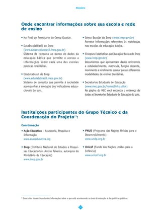 Glossário




Onde encontrar informações sobre sua escola e rede
de ensino

• No final do formulário do Censo Escolar.                              • Censo Escolar do Inep (www.inep.gov.br)
                                                                          Fornece informações referentes às matrículas
• DataEscolaBrasil do Inep                                                nas escolas da educação básica.
  (www.dataescolabrasil.inep.gov.br)
  Sistema de consulta ao banco de dados da                              • Sinopses Estatísticas da Educação Básica do Inep
  educação básica que permite o acesso a                                  (www.inep.gov.br)
  informações sobre cada uma das escolas                                  Documentos que apresentam dados referentes
  públicas brasileiras.                                                   a estabelecimento, matrícula, função docente,
                                                                          movimento e rendimento escolar para as diferentes
• Edudatabrasil do Inep                                                   modalidades de ensino brasileiras.
  (www.edudatabrasil.inep.gov.br)
  Sistema de consulta que permite à sociedade                           • Secretarias Estaduais de Educação
  acompanhar a evolução dos indicadores educa-                            (www.mec.gov.br/home/links.shtm)
  cionais do país.                                                        Na página do MEC você encontra o endereço de
                                                                          todas as Secretarias Estaduais de Educação do país.




Instituições participantes do Grupo Técnico e da
Coordenação do Projeto13:

Coordenação
• Ação Educativa – Assessoria, Pesquisa e                               • PNUD (Programa das Nações Unidas para o
  Informação                                                              Desenvolvimento)
  www.acaoeducativa.org                                                   www.undp.org.br

• Inep (Instituto Nacional de Estudos e Pesqui-                         • Unicef (Fundo das Nações Unidas para a
  sas Educacionais Anísio Teixeira, autarquia do                          Infância)
  Ministério da Educação)                                                 www.unicef.org.br
  www.inep.gov.br




13
     Esses sites trazem importantes informações sobre o que está acontecendo na área da educação e das políticas públicas.



                                                                   57
 